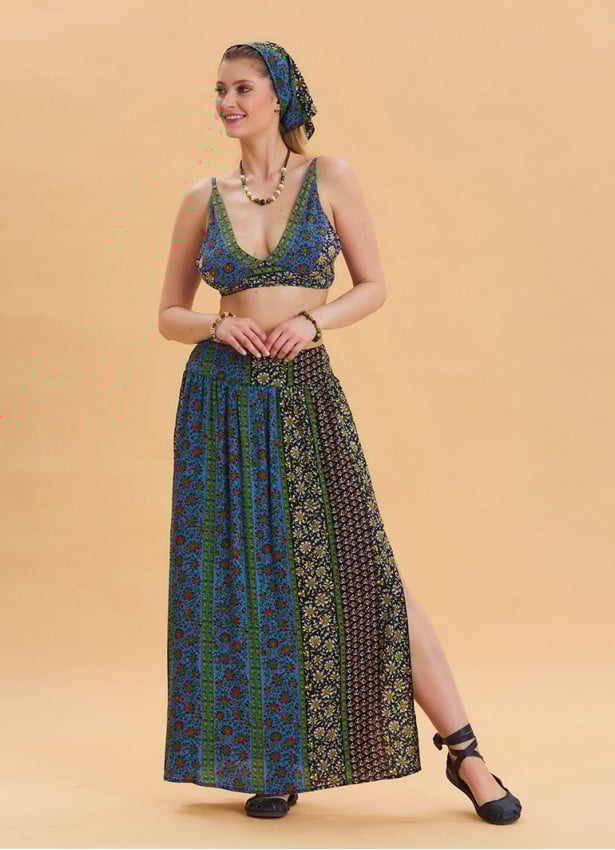 Navy Blue Long Skirt with Elastic Waist and Deep Slit 4502